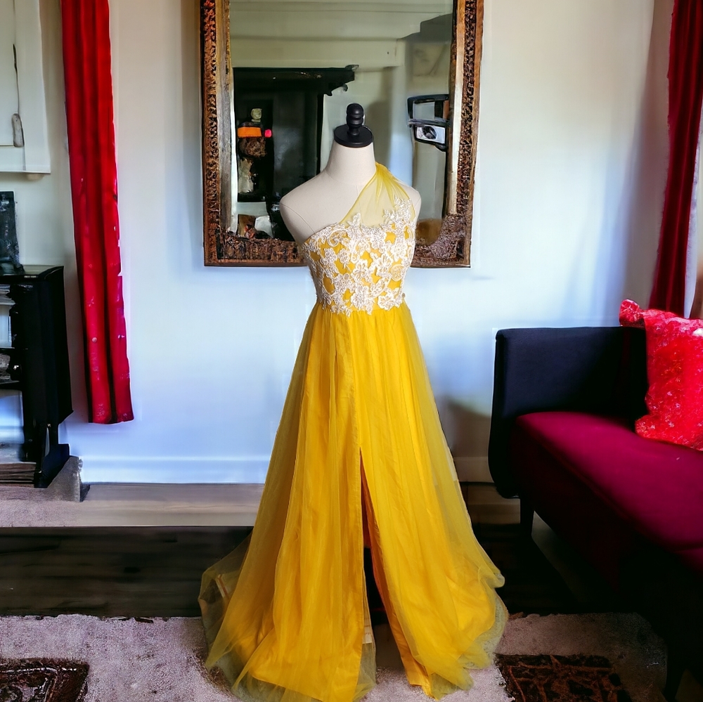 Azazie Ball Gown XS Golden Saffron Fantasy Fairy Tulle Lace One Shoulder Prom - Picture 12 of 17